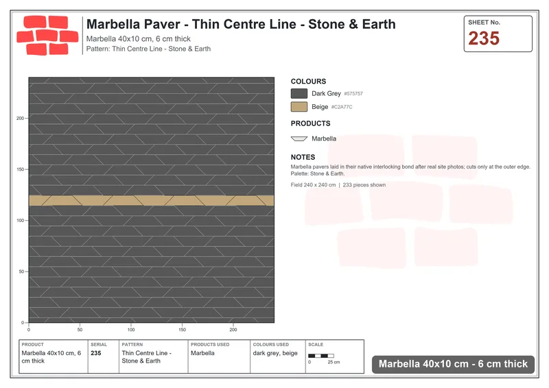 Interlock (Pasco) 40x10 cm · MAR-235 · Thin Centre Line - Stone & Earth · Laying plan Interlock (Pasco) 40x10 cm · MAR-235 · Thin Centre Line - Stone & Earth · Laying plan