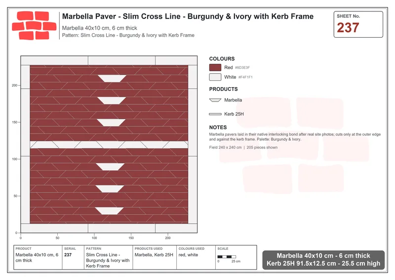 Interlock (Pasco) 40x10 cm · MAR-237 · Slim Cross Line - Burgundy & Ivory with Kerb Frame · Laying plan Interlock (Pasco) 40x10 cm · MAR-237 · Slim Cross Line - Burgundy & Ivory with Kerb Frame · Laying plan
