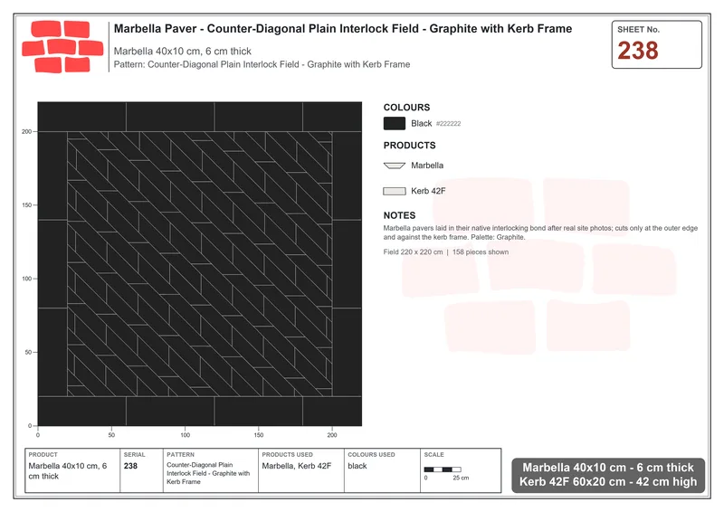 Interlock (Pasco) 40x10 cm · MAR-238 · Counter-Diagonal Plain Interlock Field - Graphite with Kerb Frame · Laying plan Interlock (Pasco) 40x10 cm · MAR-238 · Counter-Diagonal Plain Interlock Field - Graphite with Kerb Frame · Laying plan