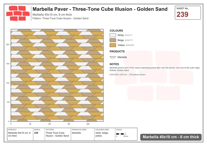 Interlock (Pasco) 40x10 cm · MAR-239 · Three-Tone Cube Illusion - Golden Sand · Laying plan Interlock (Pasco) 40x10 cm · MAR-239 · Three-Tone Cube Illusion - Golden Sand · Laying plan