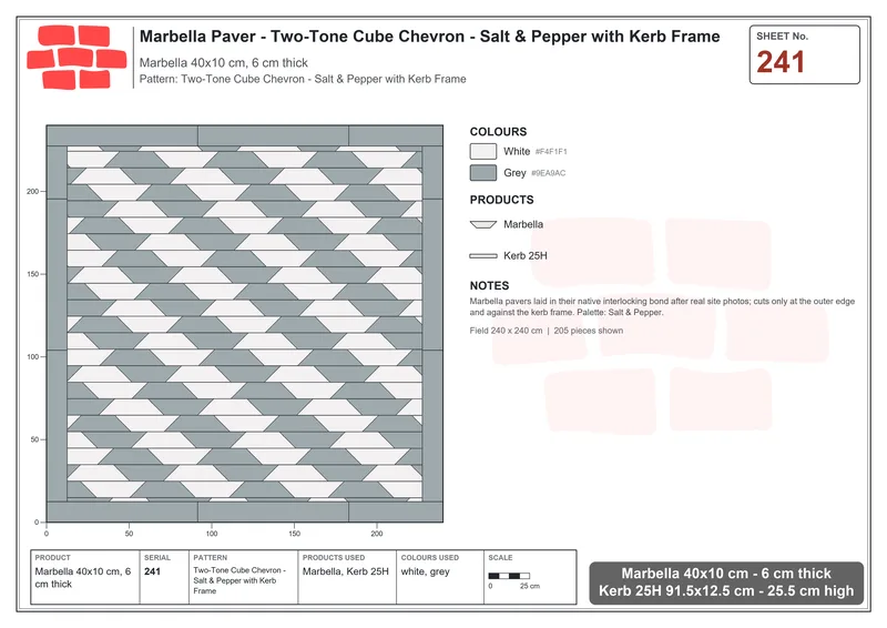 Interlock (Pasco) 40x10 cm · MAR-241 · Two-Tone Cube Chevron - Salt & Pepper with Kerb Frame · Laying plan Interlock (Pasco) 40x10 cm · MAR-241 · Two-Tone Cube Chevron - Salt & Pepper with Kerb Frame · Laying plan