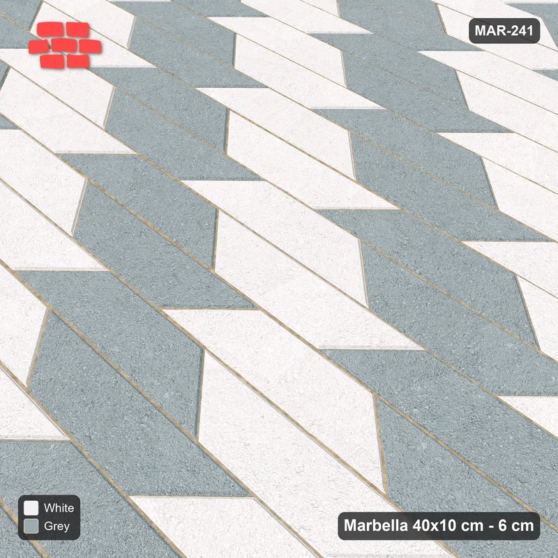 Interlock (Pasco) 40x10 cm · MAR-241 · Two-Tone Cube Chevron - Salt & Pepper with Kerb Frame · Side view Interlock (Pasco) 40x10 cm · MAR-241 · Two-Tone Cube Chevron - Salt & Pepper with Kerb Frame · Side view