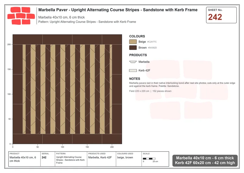 Interlock (Pasco) 40x10 cm · MAR-242 · Upright Alternating Course Stripes - Sandstone with Kerb Frame · Laying plan Interlock (Pasco) 40x10 cm · MAR-242 · Upright Alternating Course Stripes - Sandstone with Kerb Frame · Laying plan