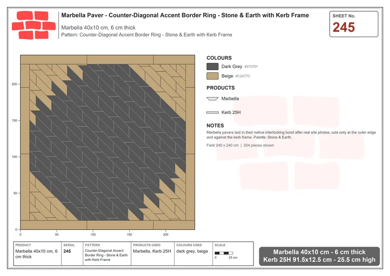 Interlock (Pasco) 40x10 cm · MAR-245 · Counter-Diagonal Accent Border Ring - Stone & Earth with Kerb Frame · Laying plan Interlock (Pasco) 40x10 cm · MAR-245 · Counter-Diagonal Accent Border Ring - Stone & Earth with Kerb Frame · Laying plan