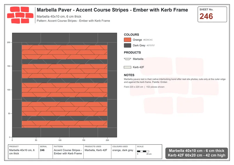 Interlock (Pasco) 40x10 cm · MAR-246 · Accent Course Stripes - Ember with Kerb Frame · Laying plan Interlock (Pasco) 40x10 cm · MAR-246 · Accent Course Stripes - Ember with Kerb Frame · Laying plan