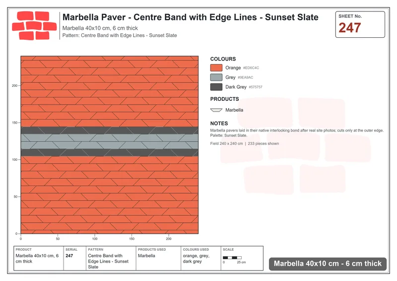 Interlock (Pasco) 40x10 cm · MAR-247 · Centre Band with Edge Lines - Sunset Slate · Laying plan Interlock (Pasco) 40x10 cm · MAR-247 · Centre Band with Edge Lines - Sunset Slate · Laying plan