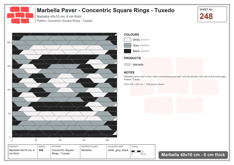 Interlock (Pasco) 40x10 cm · MAR-248 · Concentric Square Rings - Tuxedo · Laying plan Interlock (Pasco) 40x10 cm · MAR-248 · Concentric Square Rings - Tuxedo · Laying plan