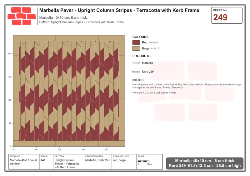 Interlock (Pasco) 40x10 cm · MAR-249 · Upright Column Stripes - Terracotta with Kerb Frame · Laying plan Interlock (Pasco) 40x10 cm · MAR-249 · Upright Column Stripes - Terracotta with Kerb Frame · Laying plan