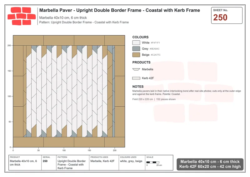 Interlock (Pasco) 40x10 cm · MAR-250 · Upright Double Border Frame - Coastal with Kerb Frame · Laying plan Interlock (Pasco) 40x10 cm · MAR-250 · Upright Double Border Frame - Coastal with Kerb Frame · Laying plan