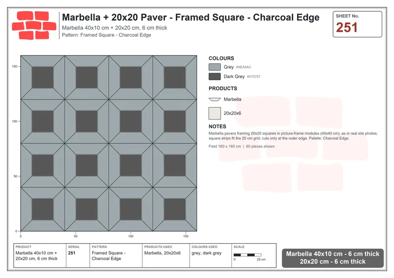 Interlock (Pasco) 40x10 cm · MAR-251 · Framed Square - Charcoal Edge · Laying plan Interlock (Pasco) 40x10 cm · MAR-251 · Framed Square - Charcoal Edge · Laying plan