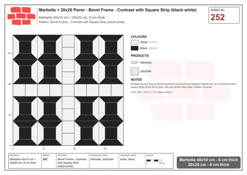 Interlock (Pasco) 40x10 cm · MAR-252 · Bevel Frame - Contrast with Square Strip (black-white) · Laying plan Interlock (Pasco) 40x10 cm · MAR-252 · Bevel Frame - Contrast with Square Strip (black-white) · Laying plan