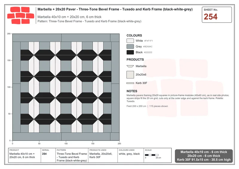 Interlock (Pasco) 40x10 cm · MAR-254 · Three-Tone Bevel Frame - Tuxedo and Kerb Frame (black-white-grey) · Laying plan Interlock (Pasco) 40x10 cm · MAR-254 · Three-Tone Bevel Frame - Tuxedo and Kerb Frame (black-white-grey) · Laying plan