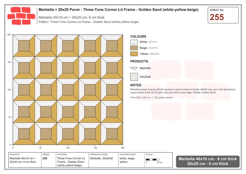 Interlock (Pasco) 40x10 cm · MAR-255 · Three-Tone Corner-Lit Frame - Golden Sand (white-yellow-beige) · Laying plan Interlock (Pasco) 40x10 cm · MAR-255 · Three-Tone Corner-Lit Frame - Golden Sand (white-yellow-beige) · Laying plan