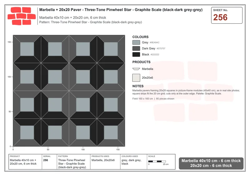 Interlock (Pasco) 40x10 cm · MAR-256 · Three-Tone Pinwheel Star - Graphite Scale (black-dark grey-grey) · Laying plan Interlock (Pasco) 40x10 cm · MAR-256 · Three-Tone Pinwheel Star - Graphite Scale (black-dark grey-grey) · Laying plan