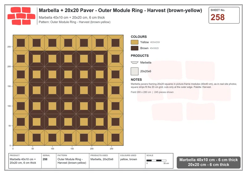 Interlock (Pasco) 40x10 cm · MAR-258 · Outer Module Ring - Harvest (brown-yellow) · Laying plan Interlock (Pasco) 40x10 cm · MAR-258 · Outer Module Ring - Harvest (brown-yellow) · Laying plan