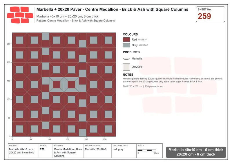 Interlock (Pasco) 40x10 cm · MAR-259 · Centre Medallion - Brick & Ash with Square Columns · Laying plan Interlock (Pasco) 40x10 cm · MAR-259 · Centre Medallion - Brick & Ash with Square Columns · Laying plan