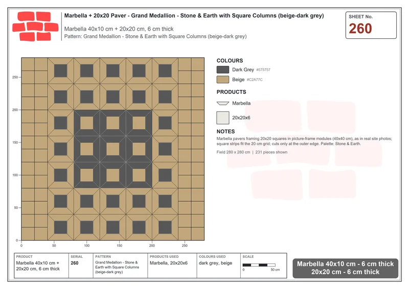 Interlock (Pasco) 40x10 cm · MAR-260 · Grand Medallion - Stone & Earth with Square Columns (beige-dark grey) · Laying plan Interlock (Pasco) 40x10 cm · MAR-260 · Grand Medallion - Stone & Earth with Square Columns (beige-dark grey) · Laying plan
