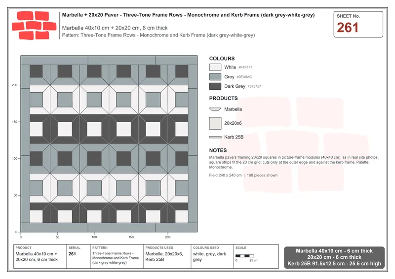 Interlock (Pasco) 40x10 cm · MAR-261 · Three-Tone Frame Rows - Monochrome and Kerb Frame (dark grey-white-grey) · Laying plan Interlock (Pasco) 40x10 cm · MAR-261 · Three-Tone Frame Rows - Monochrome and Kerb Frame (dark grey-white-grey) · Laying plan