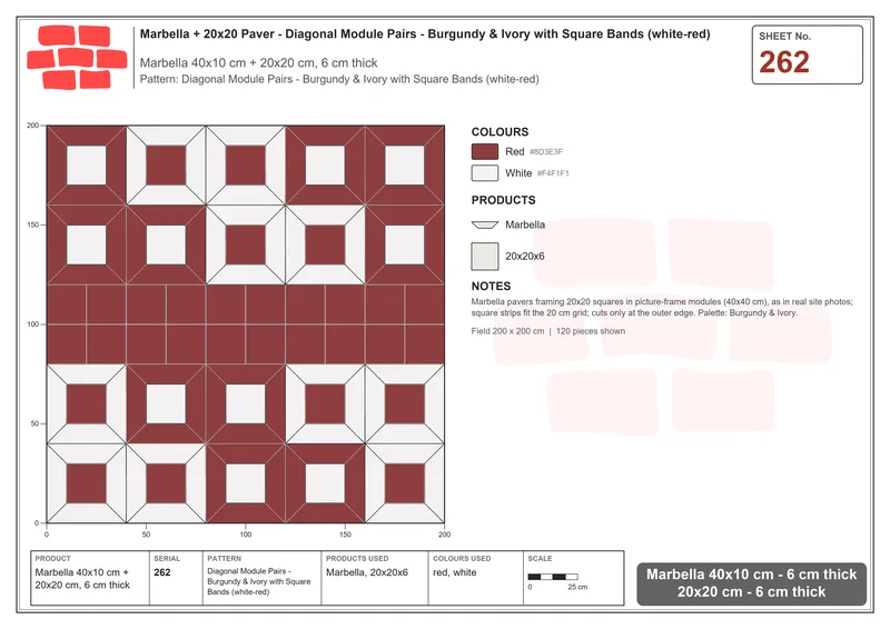 Interlock (Pasco) 40x10 cm · MAR-262 · Diagonal Module Pairs - Burgundy & Ivory with Square Bands (white-red) · Laying plan Interlock (Pasco) 40x10 cm · MAR-262 · Diagonal Module Pairs - Burgundy & Ivory with Square Bands (white-red) · Laying plan