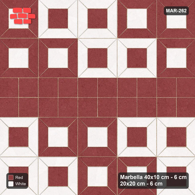 Interlock (Pasco) 40x10 cm · MAR-262 · Diagonal Module Pairs - Burgundy & Ivory with Square Bands (white-red) · Top view Interlock (Pasco) 40x10 cm · MAR-262 · Diagonal Module Pairs - Burgundy & Ivory with Square Bands (white-red) · Top view