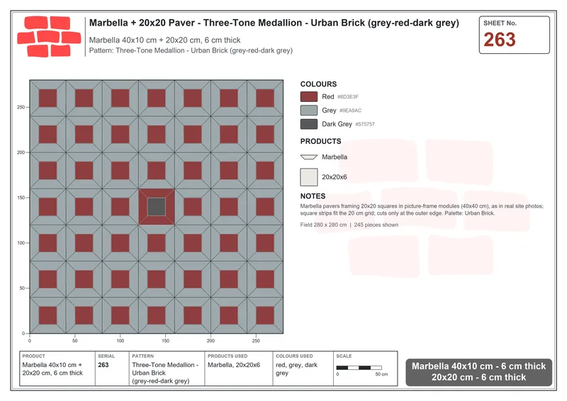 Interlock (Pasco) 40x10 cm · MAR-263 · Three-Tone Medallion - Urban Brick (grey-red-dark grey) · Laying plan Interlock (Pasco) 40x10 cm · MAR-263 · Three-Tone Medallion - Urban Brick (grey-red-dark grey) · Laying plan