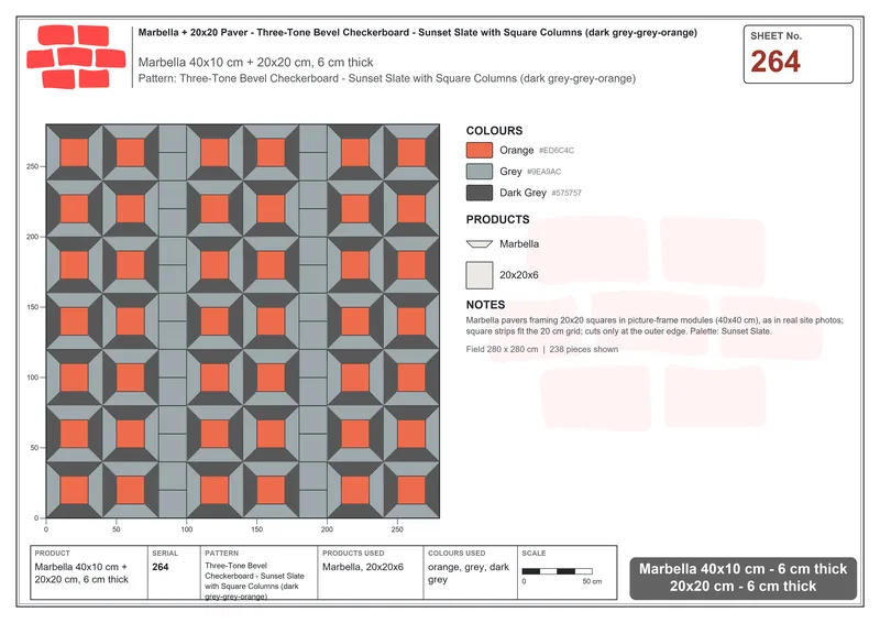 Interlock (Pasco) 40x10 cm · MAR-264 · Three-Tone Bevel Checkerboard - Sunset Slate with Square Columns (dark grey-grey-orange) · Laying plan Interlock (Pasco) 40x10 cm · MAR-264 · Three-Tone Bevel Checkerboard - Sunset Slate with Square Columns (dark grey-grey-orange) · Laying plan