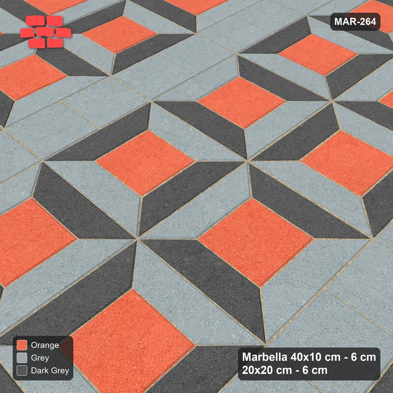 Interlock (Pasco) 40x10 cm · MAR-264 · Three-Tone Bevel Checkerboard - Sunset Slate with Square Columns (dark grey-grey-orange) · Side view Interlock (Pasco) 40x10 cm · MAR-264 · Three-Tone Bevel Checkerboard - Sunset Slate with Square Columns (dark grey-grey-orange) · Side view