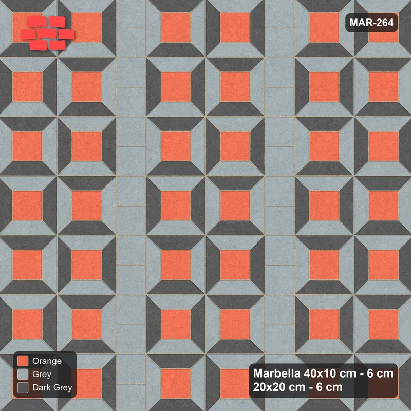Interlock (Pasco) 40x10 cm · MAR-264 · Three-Tone Bevel Checkerboard - Sunset Slate with Square Columns (dark grey-grey-orange) · Top view Interlock (Pasco) 40x10 cm · MAR-264 · Three-Tone Bevel Checkerboard - Sunset Slate with Square Columns (dark grey-grey-orange) · Top view