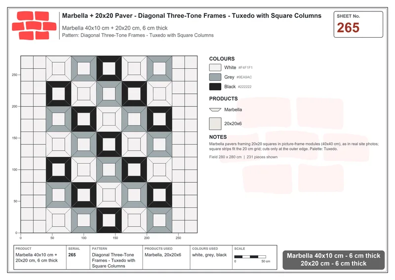 Interlock (Pasco) 40x10 cm · MAR-265 · Diagonal Three-Tone Frames - Tuxedo with Square Columns · Laying plan Interlock (Pasco) 40x10 cm · MAR-265 · Diagonal Three-Tone Frames - Tuxedo with Square Columns · Laying plan