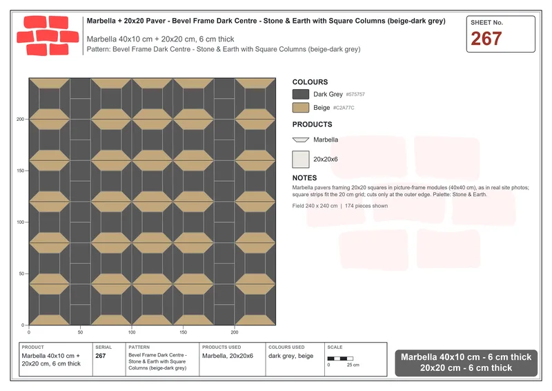 Interlock (Pasco) 40x10 cm · MAR-267 · Bevel Frame Dark Centre - Stone & Earth with Square Columns (beige-dark grey) · Laying plan Interlock (Pasco) 40x10 cm · MAR-267 · Bevel Frame Dark Centre - Stone & Earth with Square Columns (beige-dark grey) · Laying plan