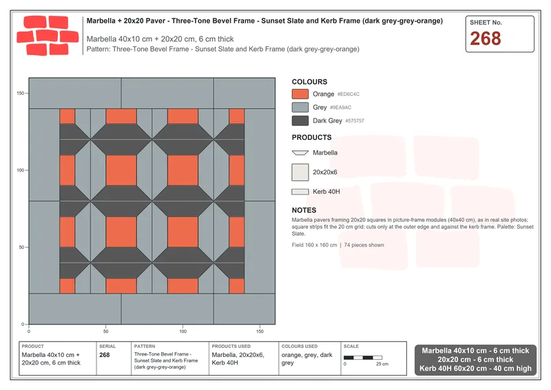 Interlock (Pasco) 40x10 cm · MAR-268 · Three-Tone Bevel Frame - Sunset Slate and Kerb Frame (dark grey-grey-orange) · Laying plan Interlock (Pasco) 40x10 cm · MAR-268 · Three-Tone Bevel Frame - Sunset Slate and Kerb Frame (dark grey-grey-orange) · Laying plan