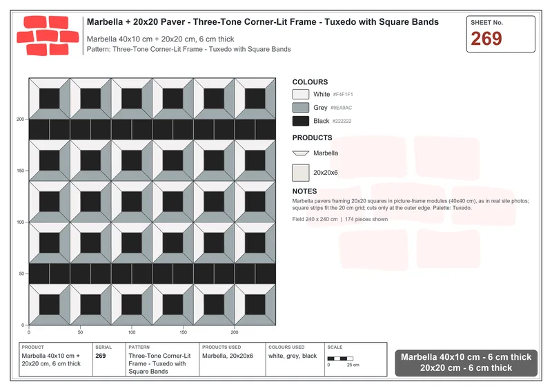 Interlock (Pasco) 40x10 cm · MAR-269 · Three-Tone Corner-Lit Frame - Tuxedo with Square Bands · Laying plan Interlock (Pasco) 40x10 cm · MAR-269 · Three-Tone Corner-Lit Frame - Tuxedo with Square Bands · Laying plan