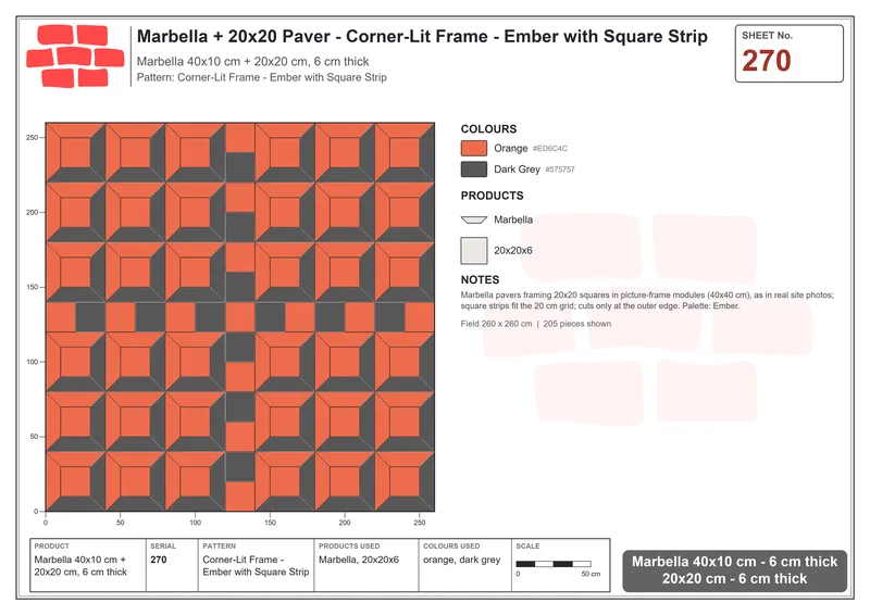 Interlock (Pasco) 40x10 cm · MAR-270 · Corner-Lit Frame - Ember with Square Strip · Laying plan Interlock (Pasco) 40x10 cm · MAR-270 · Corner-Lit Frame - Ember with Square Strip · Laying plan