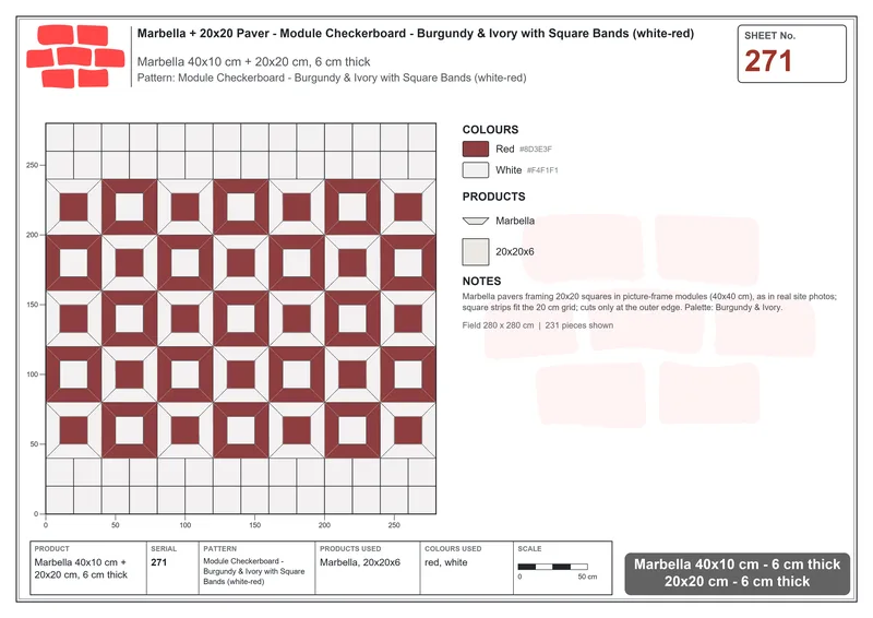 Interlock (Pasco) 40x10 cm · MAR-271 · Module Checkerboard - Burgundy & Ivory with Square Bands (white-red) · Laying plan Interlock (Pasco) 40x10 cm · MAR-271 · Module Checkerboard - Burgundy & Ivory with Square Bands (white-red) · Laying plan
