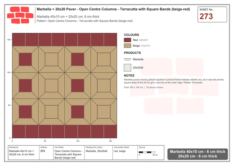Interlock (Pasco) 40x10 cm · MAR-273 · Open Centre Columns - Terracotta with Square Bands (beige-red) · Laying plan Interlock (Pasco) 40x10 cm · MAR-273 · Open Centre Columns - Terracotta with Square Bands (beige-red) · Laying plan