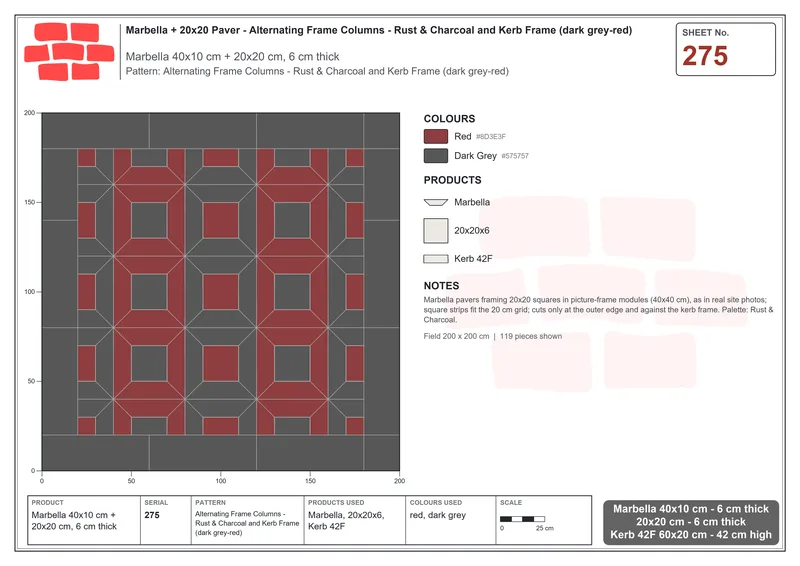 Interlock (Pasco) 40x10 cm · MAR-275 · Alternating Frame Columns - Rust & Charcoal and Kerb Frame (dark grey-red) · Laying plan Interlock (Pasco) 40x10 cm · MAR-275 · Alternating Frame Columns - Rust & Charcoal and Kerb Frame (dark grey-red) · Laying plan