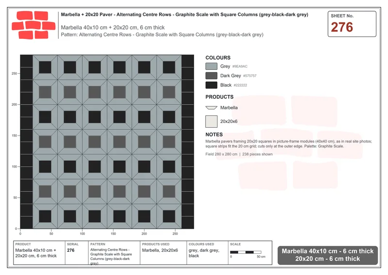 Interlock (Pasco) 40x10 cm · MAR-276 · Alternating Centre Rows - Graphite Scale with Square Columns (grey-black-dark grey) · Laying plan Interlock (Pasco) 40x10 cm · MAR-276 · Alternating Centre Rows - Graphite Scale with Square Columns (grey-black-dark grey) · Laying plan