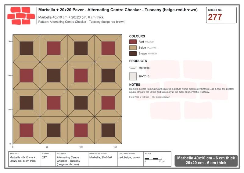 Interlock (Pasco) 40x10 cm · MAR-277 · Alternating Centre Checker - Tuscany (beige-red-brown) · Laying plan Interlock (Pasco) 40x10 cm · MAR-277 · Alternating Centre Checker - Tuscany (beige-red-brown) · Laying plan
