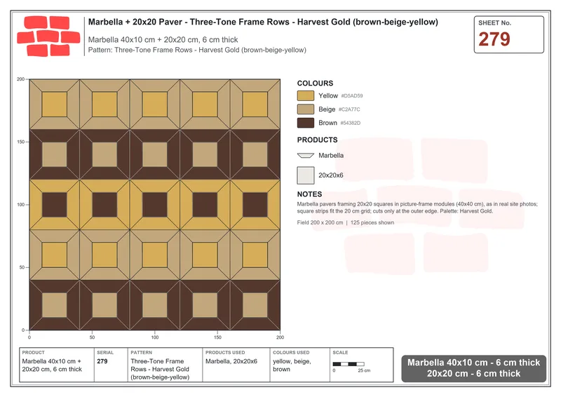 Interlock (Pasco) 40x10 cm · MAR-279 · Three-Tone Frame Rows - Harvest Gold (brown-beige-yellow) · Laying plan Interlock (Pasco) 40x10 cm · MAR-279 · Three-Tone Frame Rows - Harvest Gold (brown-beige-yellow) · Laying plan