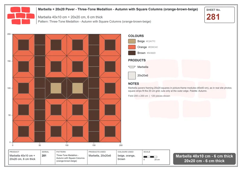 Interlock (Pasco) 40x10 cm · MAR-281 · Three-Tone Medallion - Autumn with Square Columns (orange-brown-beige) · Laying plan Interlock (Pasco) 40x10 cm · MAR-281 · Three-Tone Medallion - Autumn with Square Columns (orange-brown-beige) · Laying plan