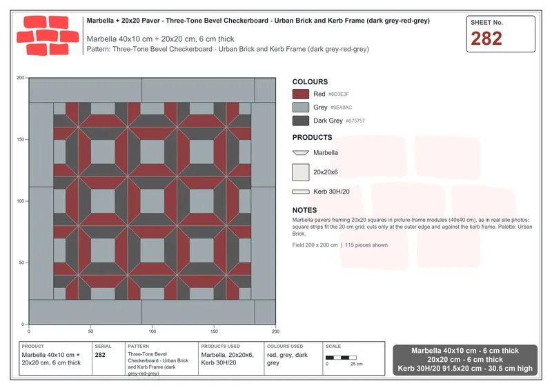 Interlock (Pasco) 40x10 cm · MAR-282 · Three-Tone Bevel Checkerboard - Urban Brick and Kerb Frame (dark grey-red-grey) · Laying plan Interlock (Pasco) 40x10 cm · MAR-282 · Three-Tone Bevel Checkerboard - Urban Brick and Kerb Frame (dark grey-red-grey) · Laying plan