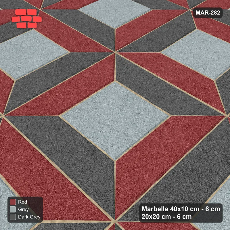 Interlock (Pasco) 40x10 cm · MAR-282 · Three-Tone Bevel Checkerboard - Urban Brick and Kerb Frame (dark grey-red-grey) · Side view Interlock (Pasco) 40x10 cm · MAR-282 · Three-Tone Bevel Checkerboard - Urban Brick and Kerb Frame (dark grey-red-grey) · Side view