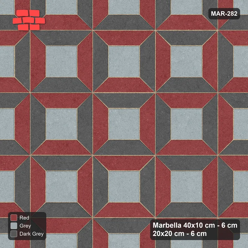 Interlock (Pasco) 40x10 cm · MAR-282 · Three-Tone Bevel Checkerboard - Urban Brick and Kerb Frame (dark grey-red-grey) · Top view Interlock (Pasco) 40x10 cm · MAR-282 · Three-Tone Bevel Checkerboard - Urban Brick and Kerb Frame (dark grey-red-grey) · Top view