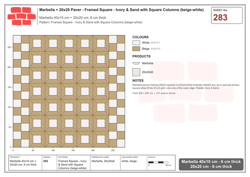 Interlock (Pasco) 40x10 cm · MAR-283 · Framed Square - Ivory & Sand with Square Columns (beige-white) · Laying plan Interlock (Pasco) 40x10 cm · MAR-283 · Framed Square - Ivory & Sand with Square Columns (beige-white) · Laying plan