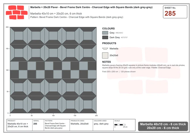 Interlock (Pasco) 40x10 cm · MAR-285 · Bevel Frame Dark Centre - Charcoal Edge with Square Bands (dark grey-grey) · Laying plan Interlock (Pasco) 40x10 cm · MAR-285 · Bevel Frame Dark Centre - Charcoal Edge with Square Bands (dark grey-grey) · Laying plan