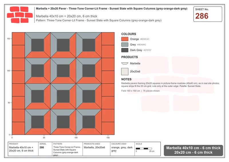 Interlock (Pasco) 40x10 cm · MAR-286 · Three-Tone Corner-Lit Frame - Sunset Slate with Square Columns (grey-orange-dark grey) · Laying plan Interlock (Pasco) 40x10 cm · MAR-286 · Three-Tone Corner-Lit Frame - Sunset Slate with Square Columns (grey-orange-dark grey) · Laying plan
