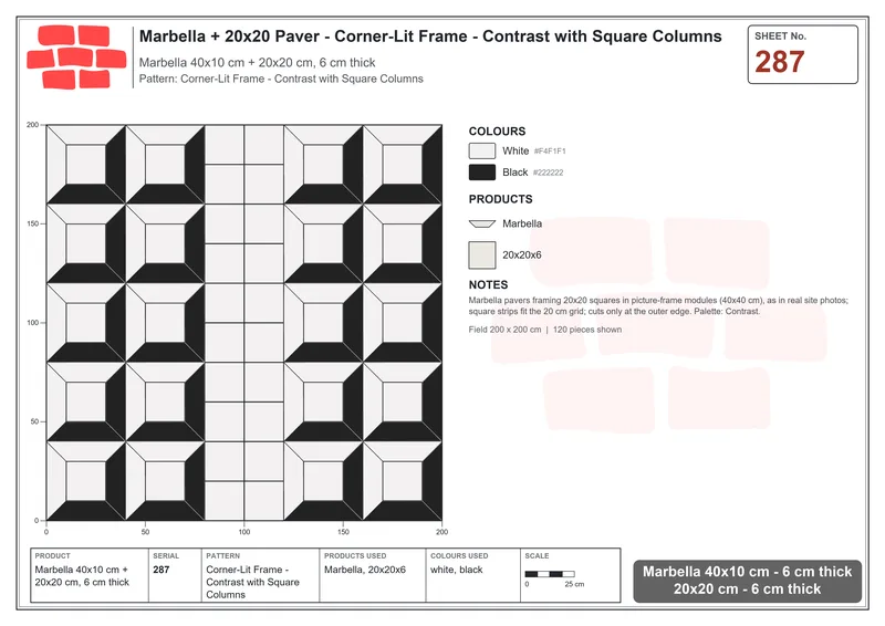 Interlock (Pasco) 40x10 cm · MAR-287 · Corner-Lit Frame - Contrast with Square Columns · Laying plan Interlock (Pasco) 40x10 cm · MAR-287 · Corner-Lit Frame - Contrast with Square Columns · Laying plan