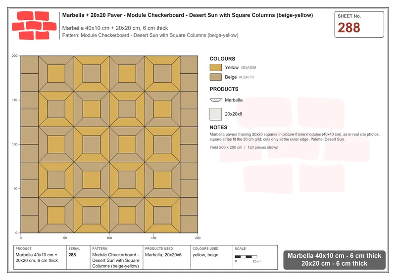 Interlock (Pasco) 40x10 cm · MAR-288 · Module Checkerboard - Desert Sun with Square Columns (beige-yellow) · Laying plan Interlock (Pasco) 40x10 cm · MAR-288 · Module Checkerboard - Desert Sun with Square Columns (beige-yellow) · Laying plan