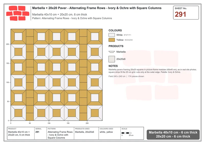 Interlock (Pasco) 40x10 cm · MAR-291 · Alternating Frame Rows - Ivory & Ochre with Square Columns · Laying plan Interlock (Pasco) 40x10 cm · MAR-291 · Alternating Frame Rows - Ivory & Ochre with Square Columns · Laying plan