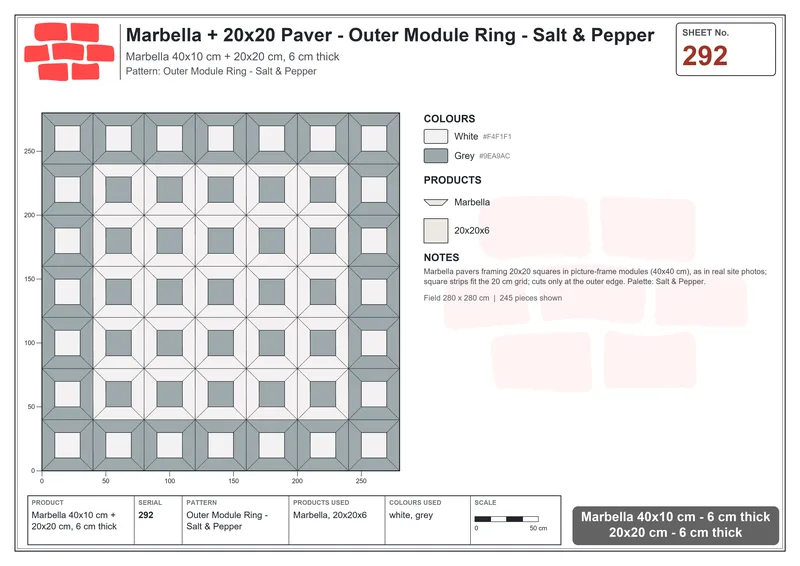 Interlock (Pasco) 40x10 cm · MAR-292 · Outer Module Ring - Salt & Pepper · Laying plan Interlock (Pasco) 40x10 cm · MAR-292 · Outer Module Ring - Salt & Pepper · Laying plan